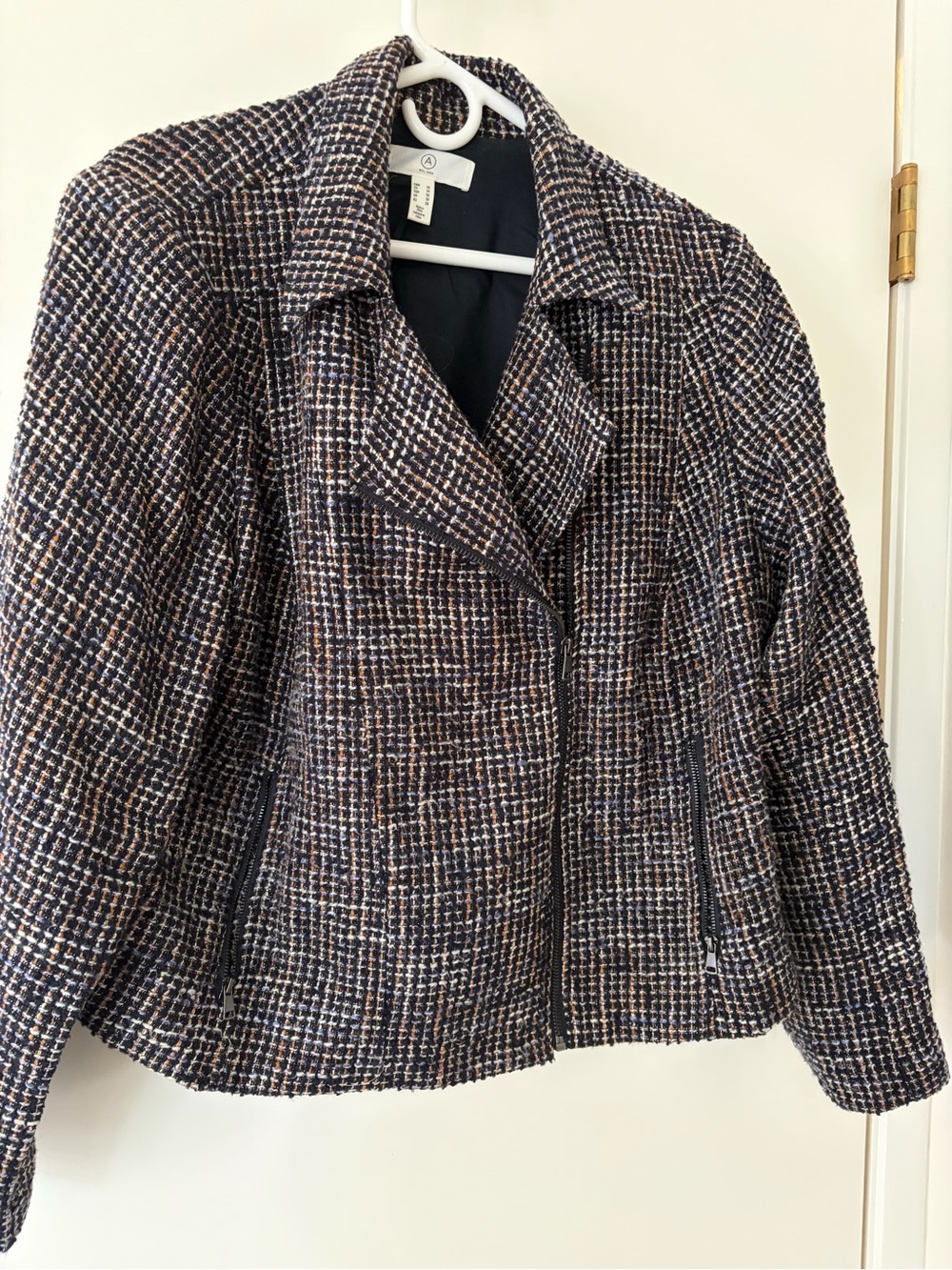 Tweed Moto Blazer in Navy, Brown & Cream - Unknown Brand